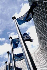 Flags waving outside of the European Commission